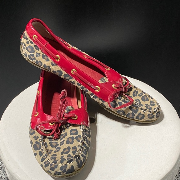 Sperry Top-sider Leather Leopard Print Red Flats - Picture 1 of 5